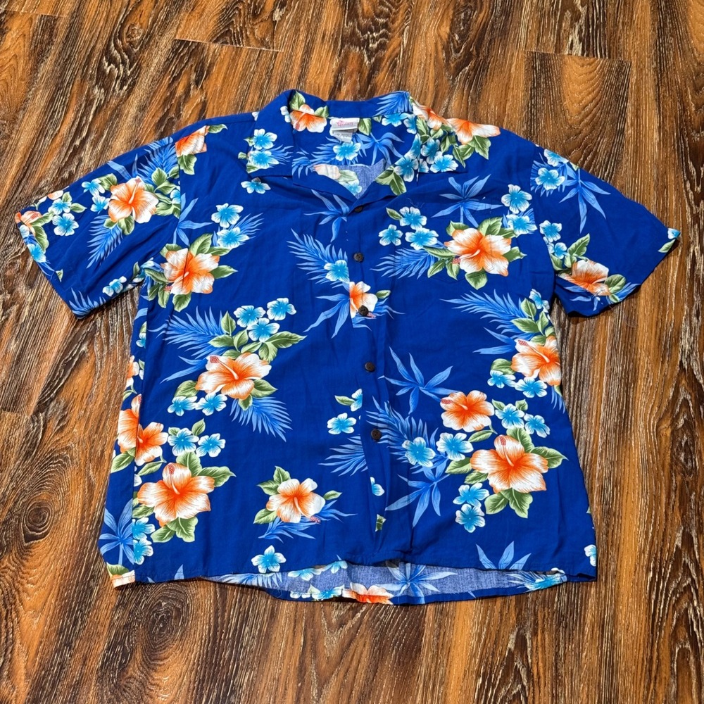 Hawaii Hangover Mens Blue Floral Hibiscus Rayon Hawaiian Shirt Size L Short Slv
